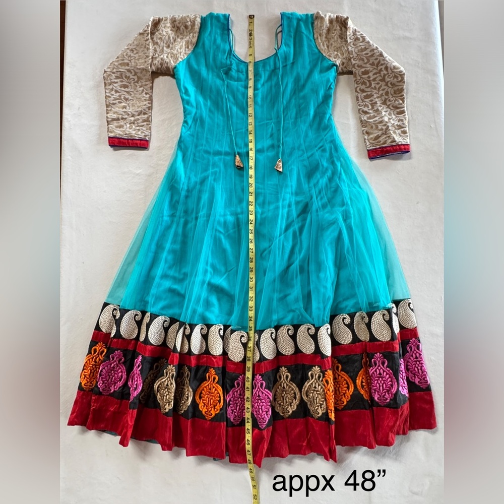 Turquoise Anarkali Pullover Dress with Red & Multicolor Embroidered Hem (Sm~Med) - Picture 10 of 17